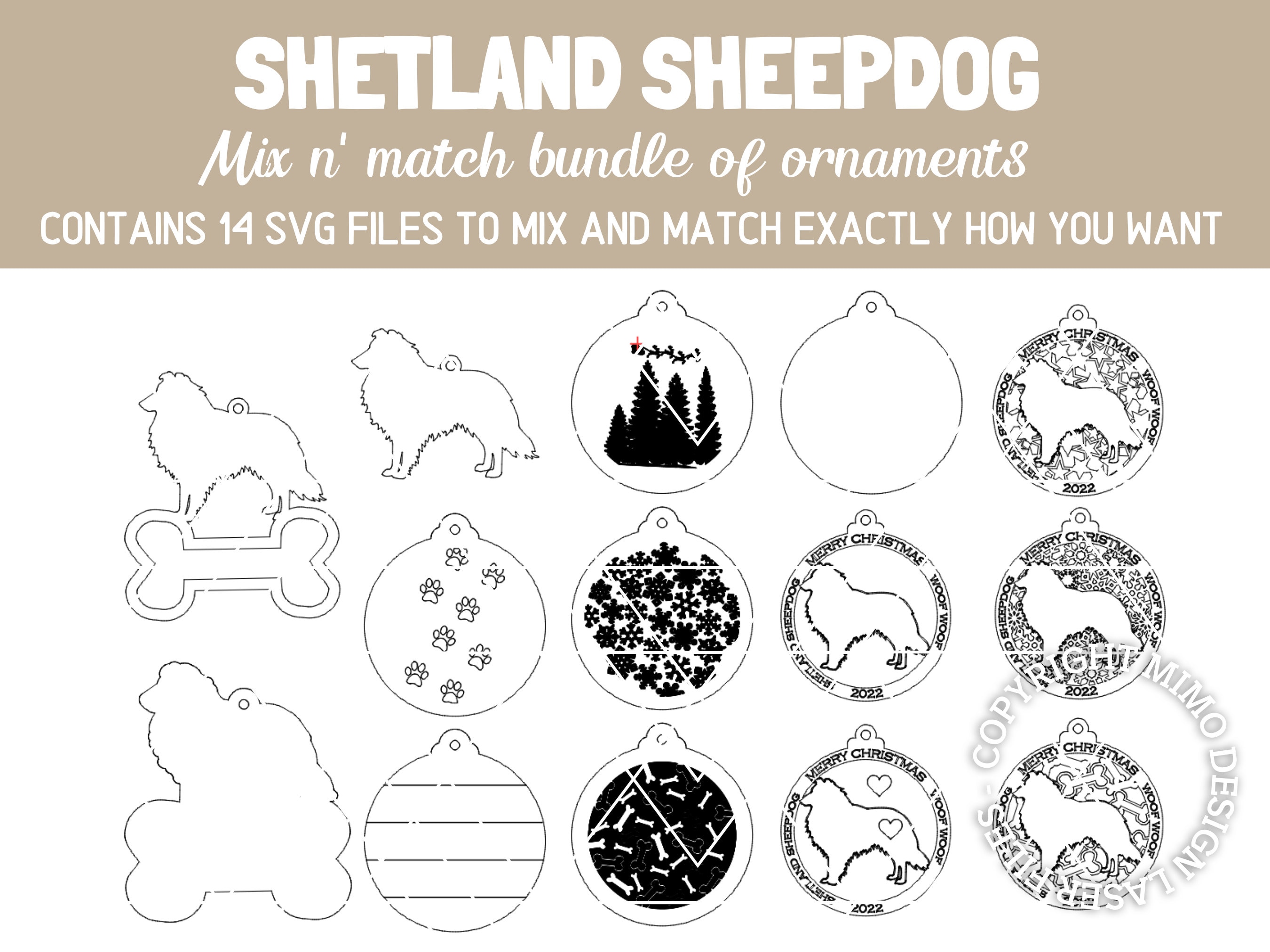 SHETLAND SHEEPDOG Dog Breed Christmas Ornaments Bundle 2022 Digital svg + dxf Cut Files Laser and Glowforge ready