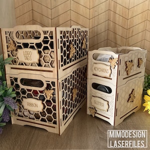 Stacking honeycomb bee boxes, crates, baskets for personalization, storage and organizing laser cut digital files SVG + DXF, Glowforge ready