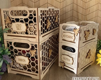 Stacking honeycomb bee boxes, crates, baskets for personalization, storage and organizing laser cut digital files SVG + DXF, Glowforge ready