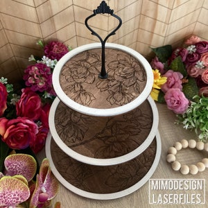 Scored or engraved floral magnolia 3 Tiered Tray decor, cupcakes stand candy * digital laser cut svg + dxf files only * Glowforge ready