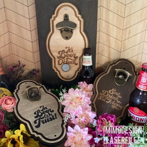 Abridores de tapas magnéticos montados en la pared de botellas de cerveza en capas con 3 diseños grabados y archivos cortados con láser en blanco archivos svg + dxf solo listos para Glowforge