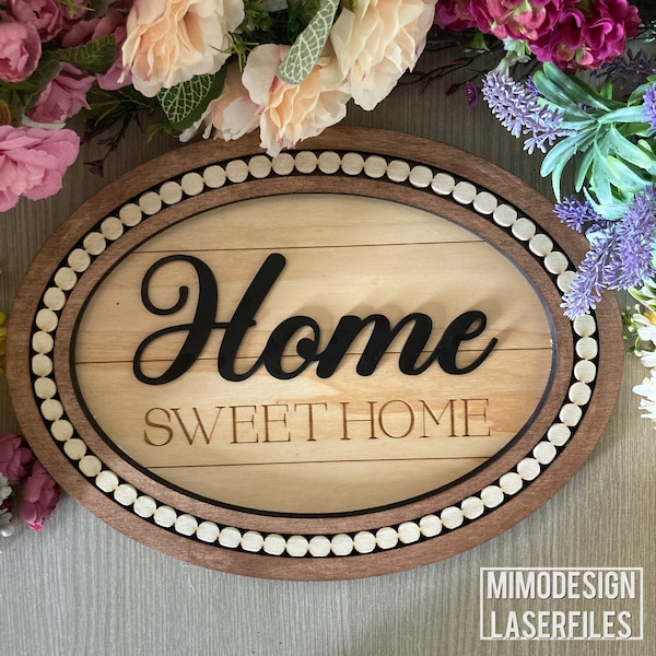 Oval Home beaded frame sign / door hanger farmhouse style, blank frame + back included - Digital SVG + DXF Laser & Glowforge ready cut files