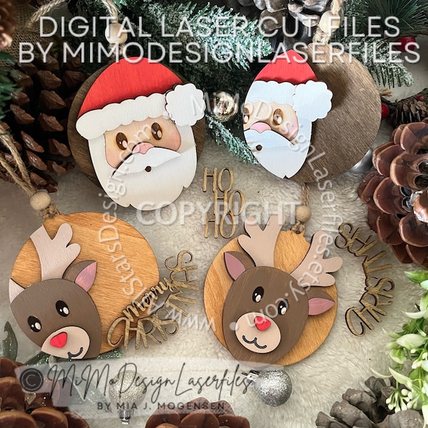 Bundle Reindeer & Santa 3D Ornaments - 4 pcs Full and partial heads with generic layered text DIGITAL LASER FILES for cutting on all lasers