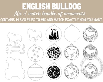 ENGLISH BULLDOG Dog Breed Christmas Ornaments Bundle 2022 Digital svg + dxf Cut Files Laser and Glowforge ready