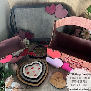 Valentijnsdag Bundel van 5 String Heart Files. Mini Box / Krat, Gift Basket, Stapelbare Hart Trays, Snuisterij / Kandelaar + Dienblad