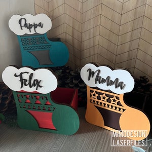 Weihnachtsstrumpfboxen 3er Set für Süßigkeiten, Geschenke, Füllungen, Namen, Regal Sitter Digital Cut Files SVG + DXF, Laser & Glowforge ready