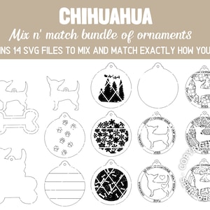 CHIHUAHUA Hunderasse Weihnachten Ornamente Bundle 2022 Digital svg + dxf Cut Files Laser and Glowforge ready