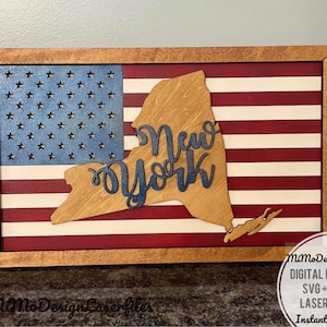 Sinal da bandeira do estado de NOVA IORQUE com a bandeira americana e molduras, fácil de fazer - apenas arquivos DIGITAIS a laser! Todos os lasers e Glowforge prontos