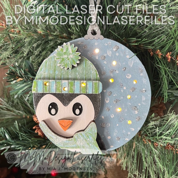 3D Penguin Xmas Layered Fairy Light Bauble Ornament with battery door to change LED Lights * Digital Laser Cut Vector Files only svg + dxf