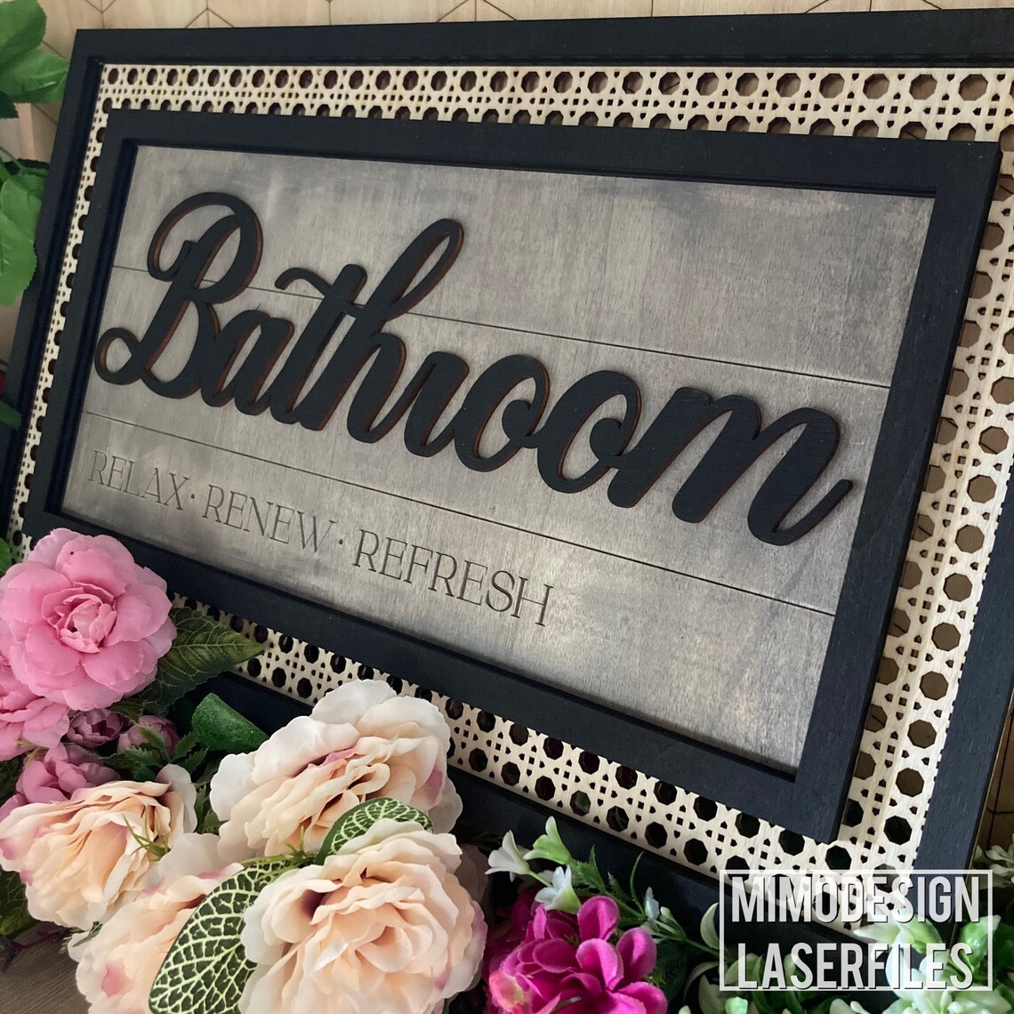 Bathroom Rattan Frame Sign / Door Hanger Farmhouse Style - Etsy