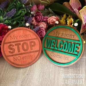 Kids Room double sided Welcome Stop Door hanger engraved, layered or DIY paint kit Digital laser files only svg dxf Glowforge ready image 5