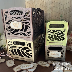 Stacking Leaves pattern boxes crates, baskets for personalization, storage, organizing laser cut digital files SVG + DXF, Glowforge ready