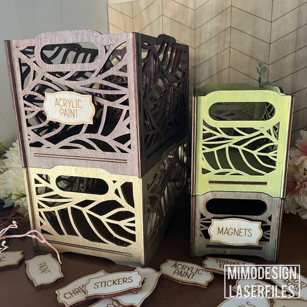 Stacking Leaves pattern boxes crates, baskets for personalization, storage, organizing laser cut digital files SVG + DXF, Glowforge ready