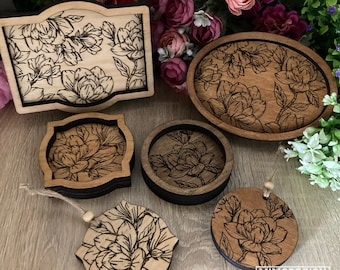 4 Trinket / Valet Trays dish incl tags decor with scored floral / lined magnolia design laser cut files svg + dxf files only Glowforge ready
