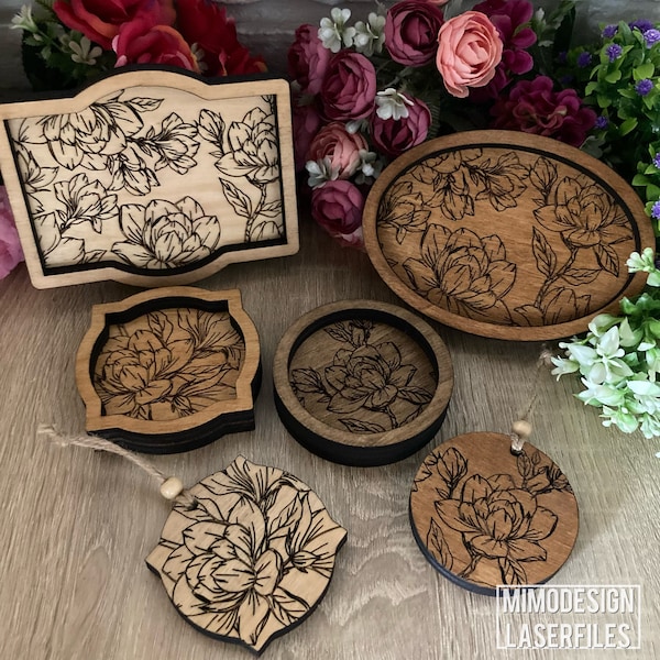 4 Schmuck-/Valet-Tabletts, inkl. Anhänger-Dekor mit gepunktetem Blumen-/gefüttertem Magnolien-Design, lasergeschnittene Dateien, nur SVG- und DXF-Dateien, bereit für Glowforge