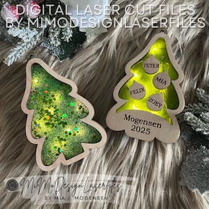 May include: Two wooden Christmas tree ornaments. One is filled with green glitter and lights. The other has cutouts for names and the year 2025. The text on the ornament reads "Peter", "Felix", "Mia", and "Zoey".