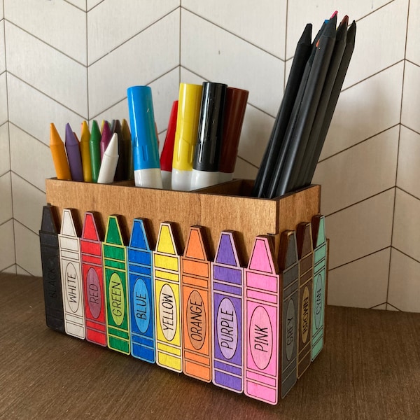 Crayons, color pens, pencils, paint pens holder for kids, 3 rooms divided box for school utilities and writing * SVG + DXF files only *