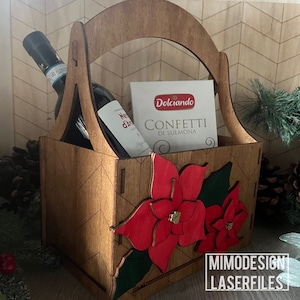 Poinsettias Gift or Decor Xmas Basket for holding wine, decor, snacks, gifts, flowers etc. Digital SVG DXF laser + Glowforge ready cut files