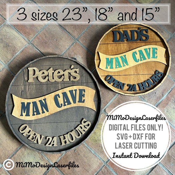 Oversized Faux Barrel Top Man Cave Sign - Split sign for 3 sizes 23, 18, 15 inches digital SVG + DXF Laser and Glowforge ready cut files