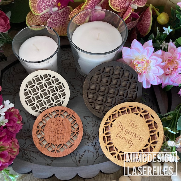 Chic personalized DIY candle lids, dust cover for IKEA's SINNLIG scented candles, laser cut pattern digital files only svg + dxf Glowforge
