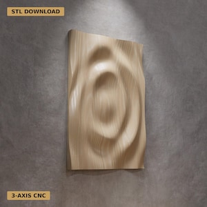 May include: A light-colored, wooden wall art piece with a swirling, textured design. The artwork has a rectangular shape and features the text "STL DOWNLOAD" and "3-AXIS CNC". The piece is mounted on a gray wall.