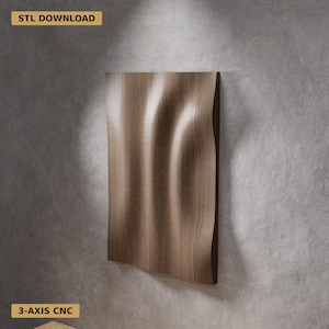 May include: A wooden wall panel with a flowing, wave-like design. The panel is a light brown color with darker brown edges, mounted on a gray wall. The text "STL DOWNLOAD" and "3-AXIS CNC" are visible.