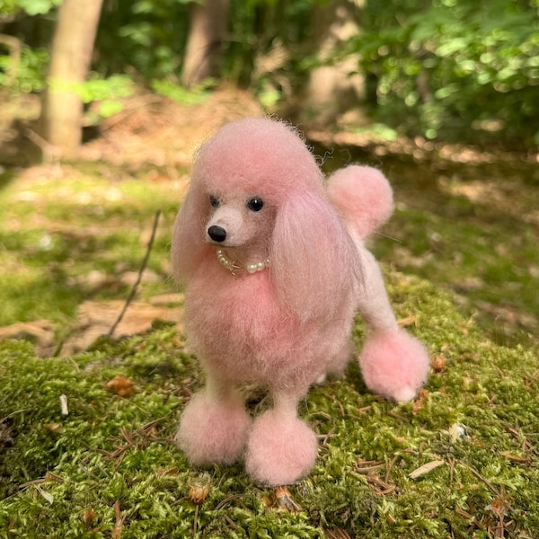 Pink Poodle, Dog replica, miniature dog, felted miniature poodle, tiny dog, collectible dog, felt dog, OOAK, custom made