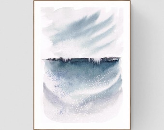 Original Watercolor Seascape Painting: Indigo Abstract Art (A4)