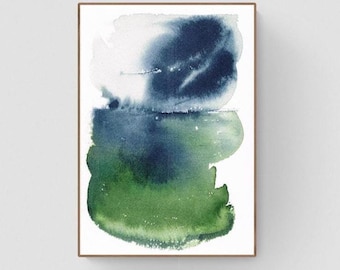 Original Watercolor Abstract Painting – Indigo Green Wall Art, Handmade Abstract Watercolour