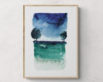 Dipinto originale ad acquerello di paesaggio irlandese: arte verde indaco e smeraldo