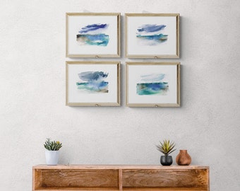 Collezione di 4 piccoli dipinti paesaggistici ad acquerello Opere d&#39;arte originali Arte murale Blu indaco