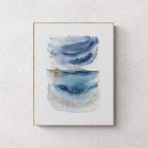 Original Aquarell Gemälde: Indigo Meerlandschaft