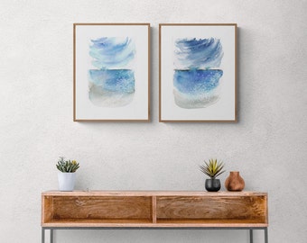 Collection of  2 Original Watercolor Landscape Paintings Original Artworks Wall Art Indigo Blue Seascape