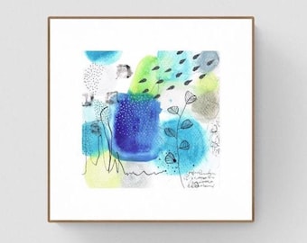 Pintura abstracta original de técnica mixta “Días felices” – Arte mural en acuarela colorida, decoración minimalista moderna