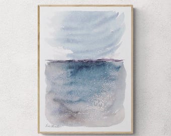 Dipinto originale di paesaggio marino ad acquerello: arte murale astratta indaco (A4)