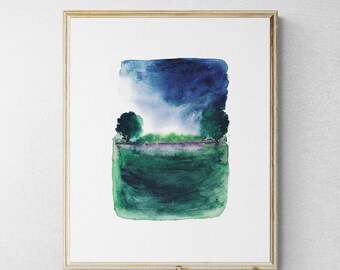 Dipinto originale di paesaggio ad acquerello: arte astratta indaco