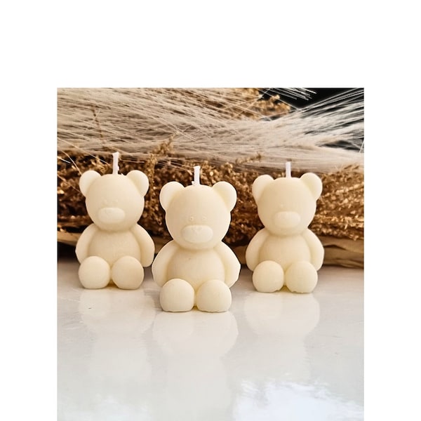 SET of 5 or 10   Mini Teddy Bear Pillar Candles For Baby Shower PArty Favour Birthday Candles SOy Candles