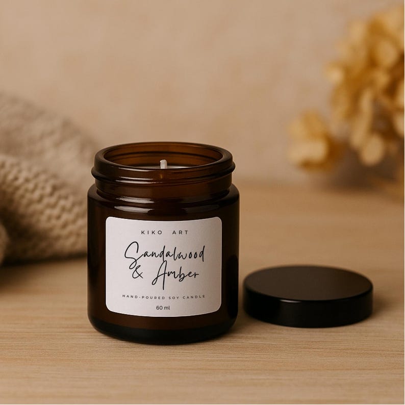 Op de afbeelding: Een bruine glazen potkaars met een zwarte deksel. Het etiket luidt "Sandalwood & Amber" en "Hand Poured Soy Candle". De kaars is 60 ml. De pot staat op een houten oppervlak.