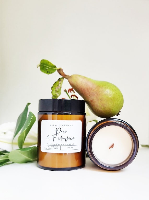 Pear & Elderflower Soy Wood Wick Candle 30/60/120/180/500 ml  Boho Style Scented Candle For A Gift
