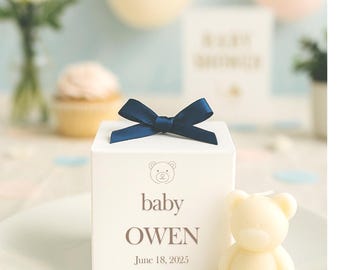 Mini Teddy Bear Candle Favours - Personalised Baby Shower Gifts - Custom Engraved Boxes Soy Wax Candles