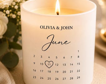 Calendar Wedding Candle | Personalised Candle Engraved Soy Wax Favour (Custom Names & Date)