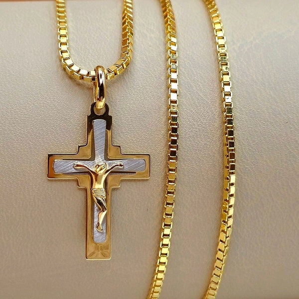 Gold Chain Cross Men 18k Etsy