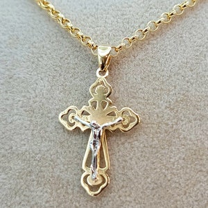 14K Solid Gold Cross Necklace, Real 14K Gold Cross Pendant Necklace, for Men & Women, 14K Gold Rolo Chain, Birthday Gift, Gifts for Him/Her!