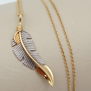 Collana con ciondolo a forma di piuma in oro massiccio 18 carati, collana con foglia d&#39;oro, catena a maglie 18 carati, collana con foglia indiana per uomo/donna, collana girocollo con piuma!