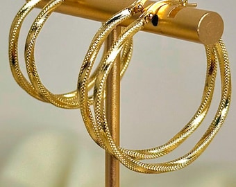 18K Real Gold Textured Hoop Earrings, Double Layer Twisted Hoops - Elegant Everyday Earrings