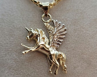 14K Solid Gold Pegasus Flying Horse Pendant Necklace, 22" 14K Gold Box Chain, Mystical Animal, 14K Winged Horse Necklace for Men & Women!