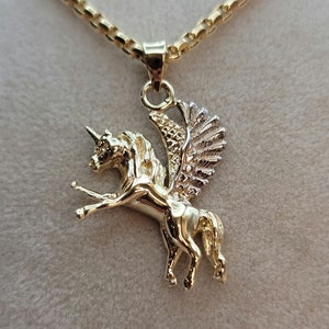 14K Solid Gold Pegasus Flying Horse Pendant Necklace, 22&quot; 14K Gold Box Chain, Mystical Animal, 14K Winged Horse Necklace for Men & Women!