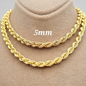 ソリッド14Kゴールドロープチェーンネックレス：ピュアイエローゴールド、ダイヤモンドカット（厚さ5mm）