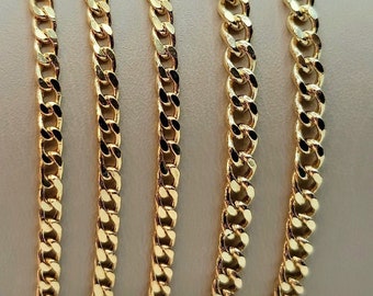 18K Solid Gold Curb Chain Necklace: Cuban Link Style, 3mm-4mm Thick