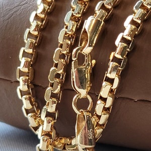 14K Solid Gold Box Link Chain Necklace, Genuine 14K Yellow Gold Round Box Chain, 3.5MM Thick_16&quot;- 28&quot;, Real Gold Chain for Men/Women, Gift!